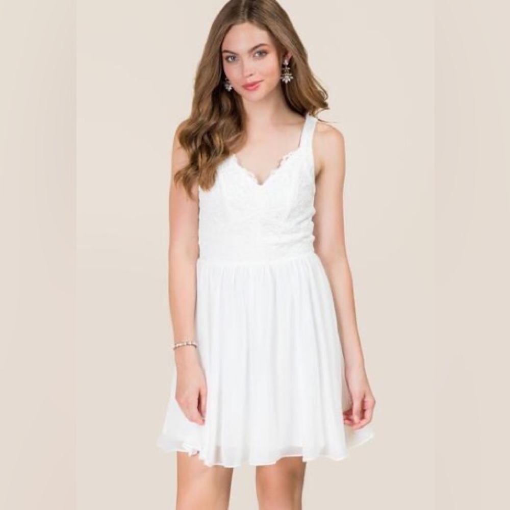 Francesca’s “Nava Circle Lace A-Line Dress” in White